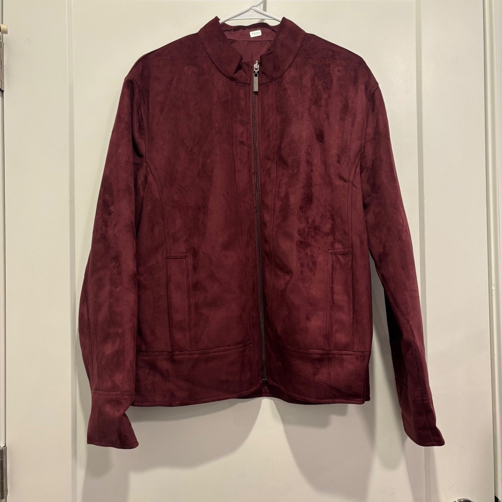 Emporio & Co Mens Burgundy Faux Suede Full Zip Bomber Jacket Mock Neck Wine L